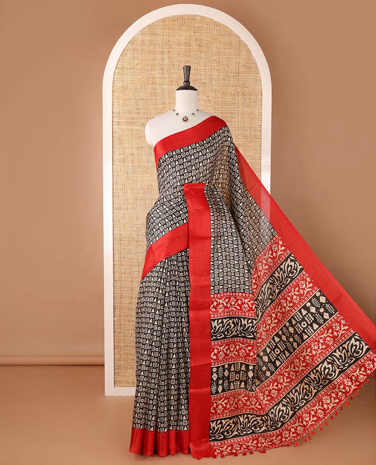 Maroon batik-style geometric motifs block printed khadi cotton saree,contrast border, batik floral print pallu & plain black blouse