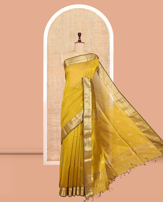 Yellow Maheshwari Cotton Saree, Bedecked with Zari Buttas, a Contrast Traditional Zari Border, Zari Striped Pallu, and a Matching Blouse