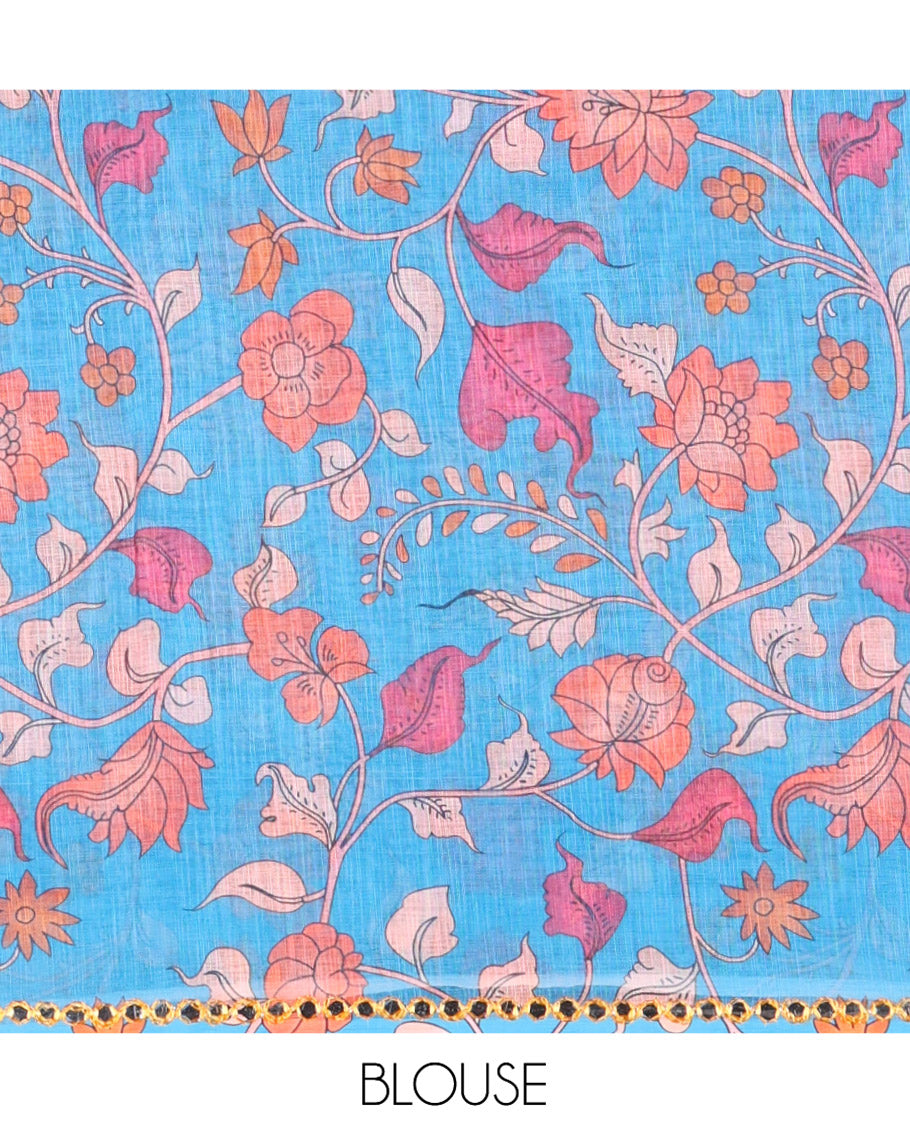 Violet Plain Linen Cotton Saree, Contrast Plain Scallop Border, a Self-Pallu, and Contrast Kalamkari Printed Blouse