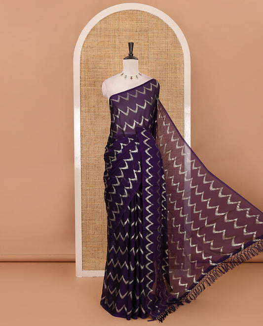 Borderless violet zig-zag stripes foil printed rangoli saree, running blouse