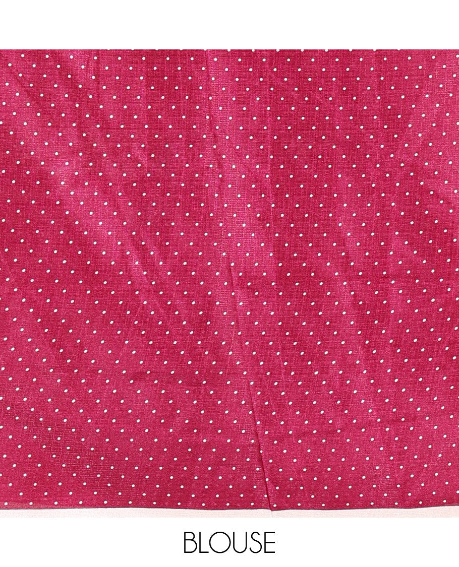 Borderless cream-purple polka dots printed art khadi cotton saree, pallu of big and small coin-size polka dots print, and a small dots printed blouse
