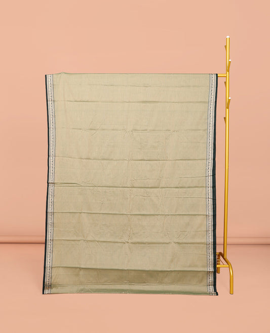 Pale Green Plain Narayanpet Cotton Saree, Complemented by Contrast Traditional Design Border, Plain Pallu, and Comes Without a Blouse