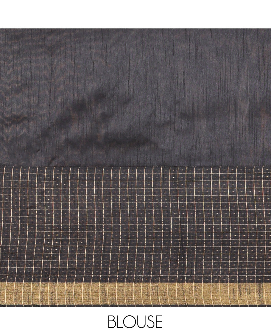 Yellow and Black Semi-Raw Silk Saree, Delicately Woven with Zig-Zag Stripes All Over Its Body, Complemented by Contrast Border of Butta Enclosed Checks, Striped Pallu, and Paired with a Contrast Blouse