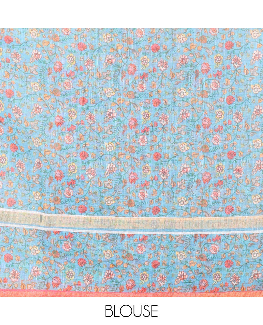 Pink Linen Saree Elevated with Leaf Motifs All Over Its Body, Complemented by a Contrast Floral Vine Printed Border, Pallu Mirrors the Floral Vine Print, and Paired with a  Contrast Floral Printed Blouse