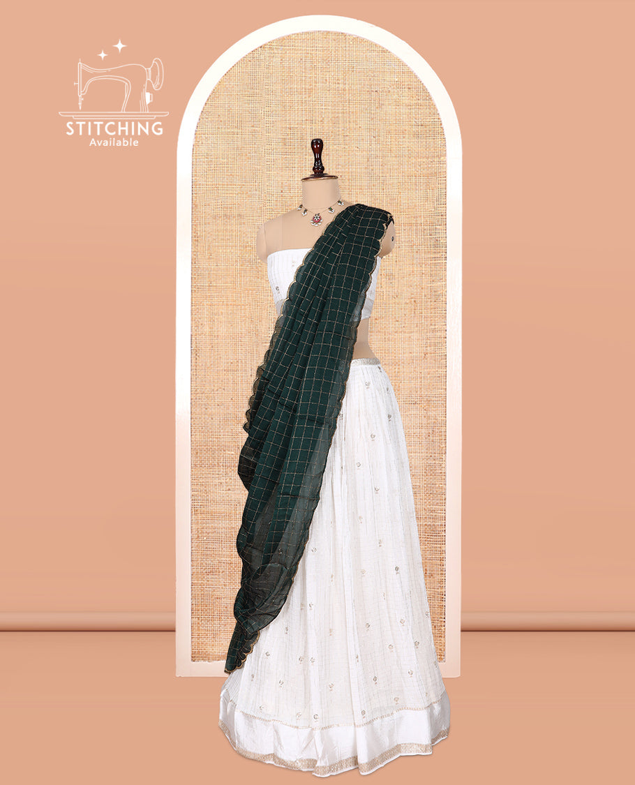 Cream-Bottle Green Viscose Georgette Hlaf-saree, Buttas Skirt, Matching Blouse, Contrast Checked Dhavani