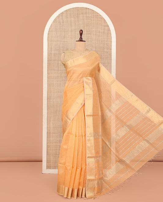 Orange Maheshwari Cotton Saree, Sparsely Woven with Stripes All Over Its Body, Complemented by Contrast Zari Bavanji Border, Pallu of Zari Stripes, and Paired with a Contrast Blouse
