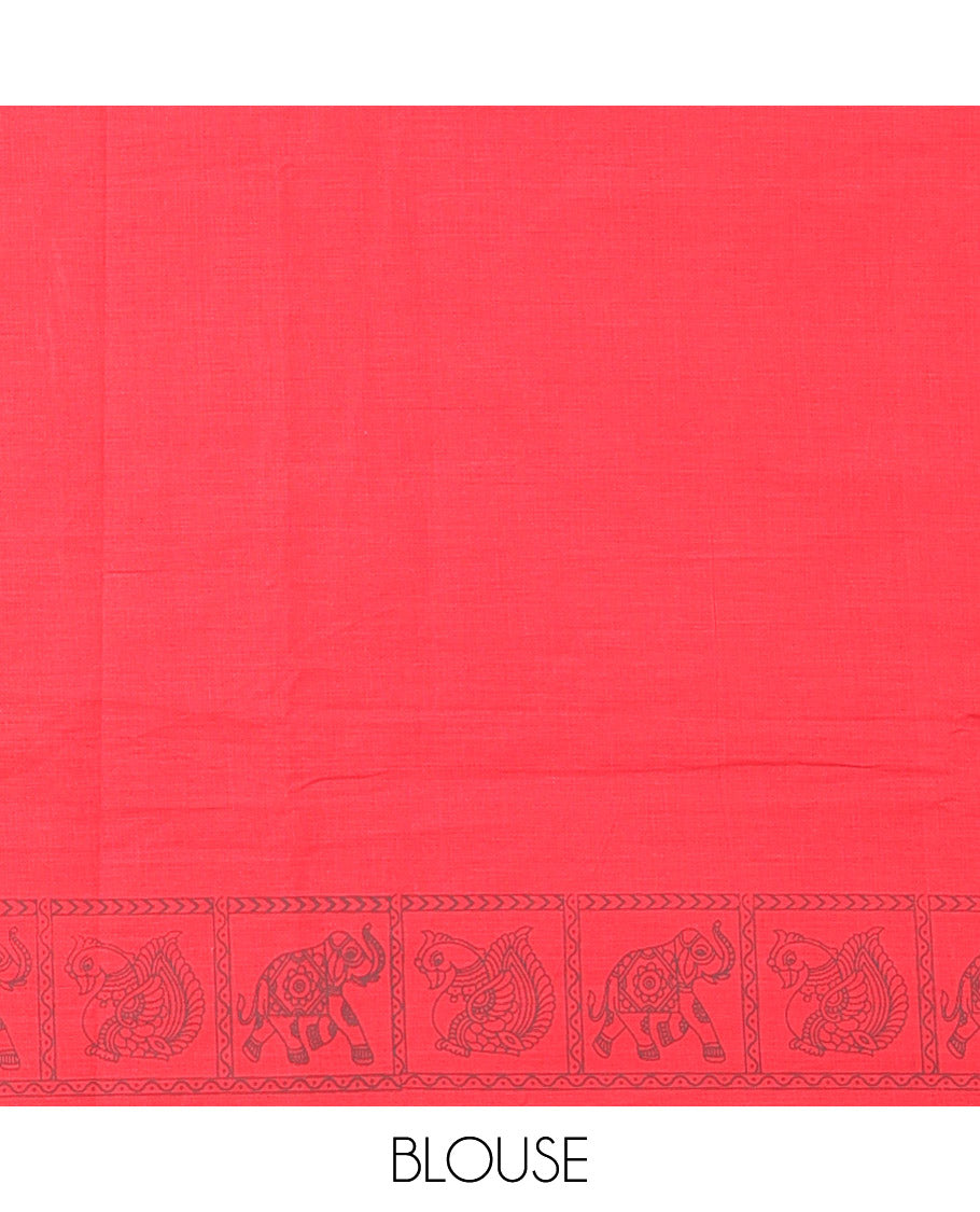 Purple Mangalagiri Cotton Saree Decked Up with Elephant Motifs Block Print All Over Its Body, Subtly Printed Border of Animal Butta Enclosed Checks, Pallu Mirrors the Same Border Print, and Paired with a Contrast Printed Blouse
