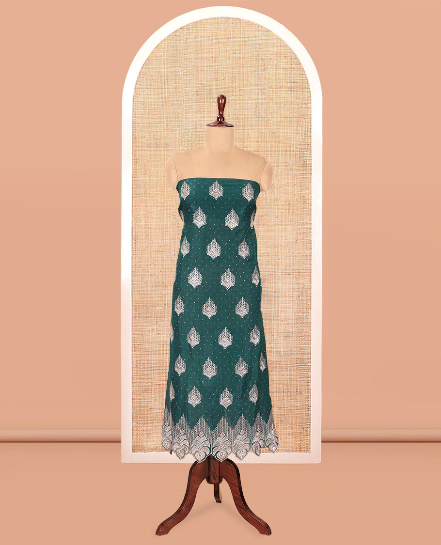 Peacock Green Crunchy Chiffon Material Chudiddar, Embroidered Top, Plain Bottom, Embroidered Scallop Dupatta