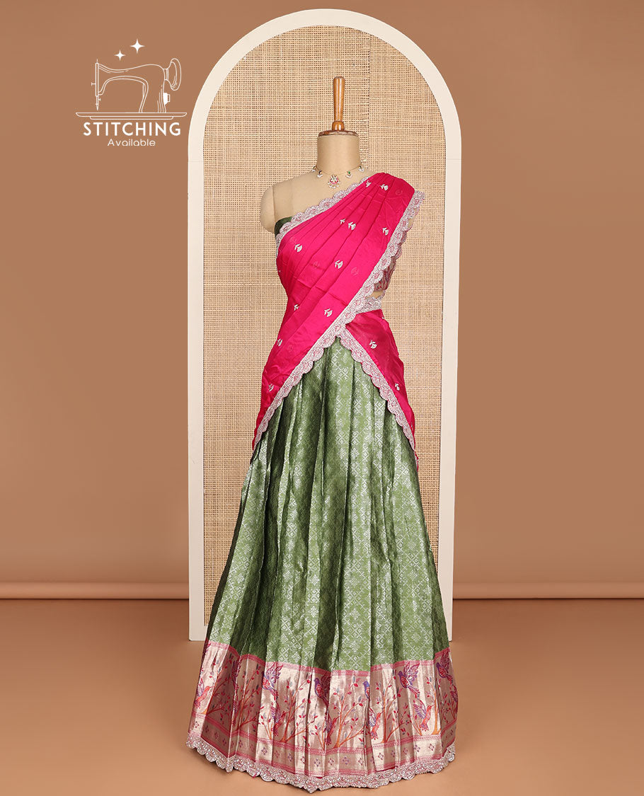 Green geometric design hald saree with contrast floral, bird design border, zari design blouse & floral embroidery scallop border dhavani