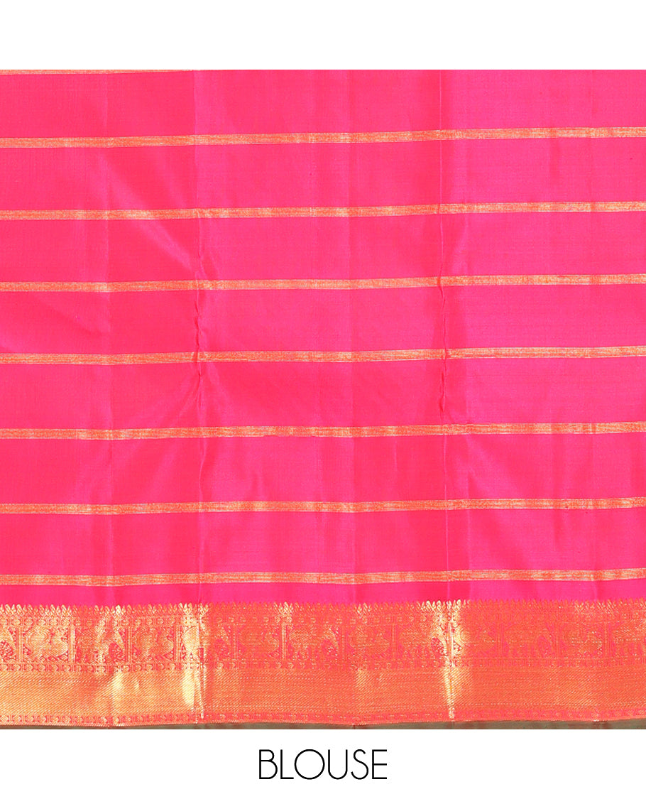 Orange Kanchipuram Silk Saree, Adorned with Mayil-Chakram Buttas and Stripes, Complemented by a Contrast Border of Thilakam Mokku, Rudraskham, Mayil, and Yaanai Design, Jaal Pallu, and a Contrast Blouse