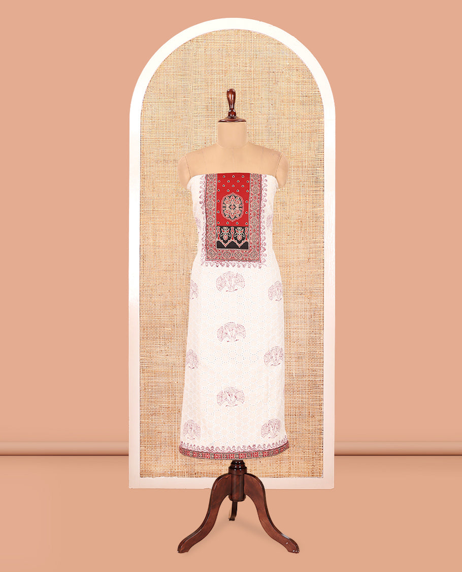 Cream-Red Cotton Hakoba Material Churidar Features Print and Ajrakh Neck Work Top, a Cotton Bottom, an Ajrakh Printed Dupatta