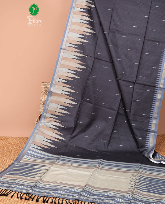 Black small weaving type printed khicha temple design , zari piping border contrast lining with tussels pallu along with small buttas printed blouse