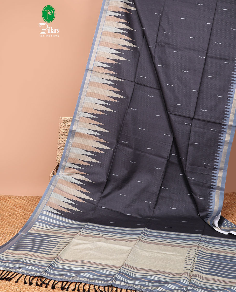 Black small weaving type printed khicha temple design , zari piping border contrast lining with tussels pallu along with small buttas printed blouse