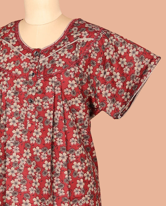 Maroon Floral Motifs Cotton-Blended Nighty