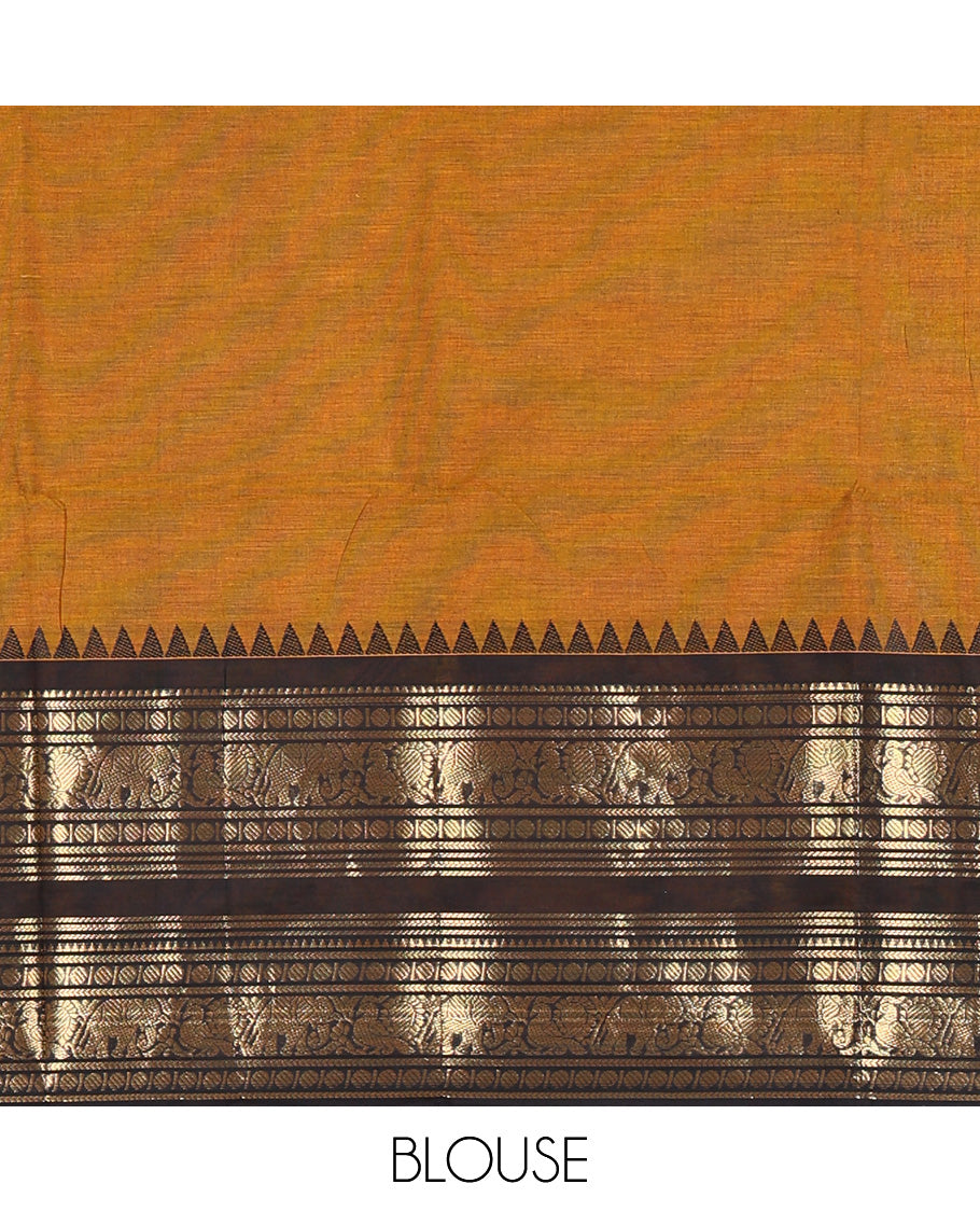 Mustard Plain Chettinad Cotton Saree, Complemented by a Contrast Rettai Pettu Temple Sliver-Sheen-Gold Zari Border of Coin, Elephant, and Peacock Designs, Subtly Striped Pallu, and Paired with a Matching Blouse