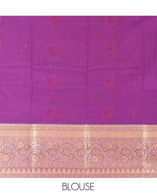 Rust Art Silk Material Half Saree Set, Highlighted by Zari Buttas and Stripes on Its Skirt, Complemented by a Contrast Traditional Zari Design Border, Paired with a Contrast Blouse, and Intricately Designed Dhavani