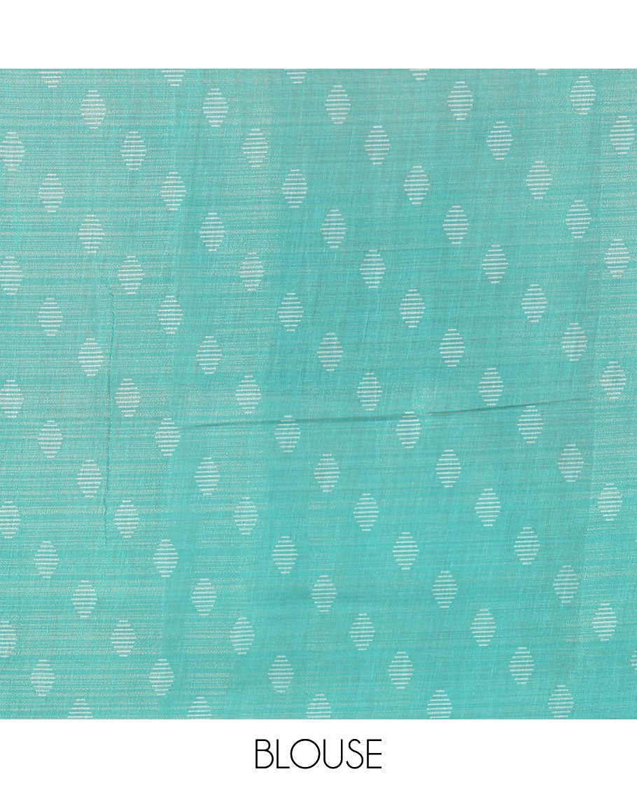 Brown and Rama Green Linen Saree Elegantly Printed with Geometric Patterns Across Its Body, Featuring a Captivating Contrast Border, Pallu Decked Up with Geometric Print, and Paired with a Contrast Blouse