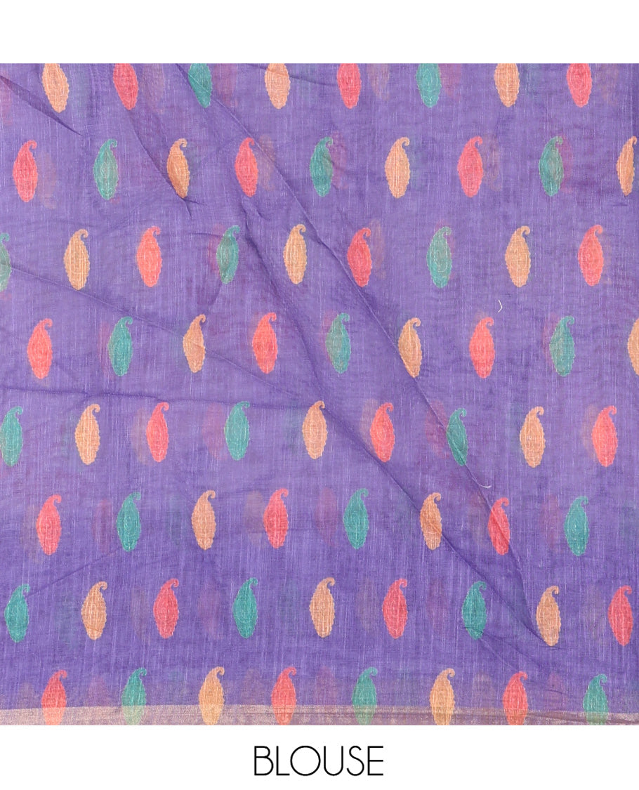 Violet Linen Cotton Saree Features Floral Vine Print, a Contrast Border, Paisley-Printed Pallu, and a Contrast Blouse