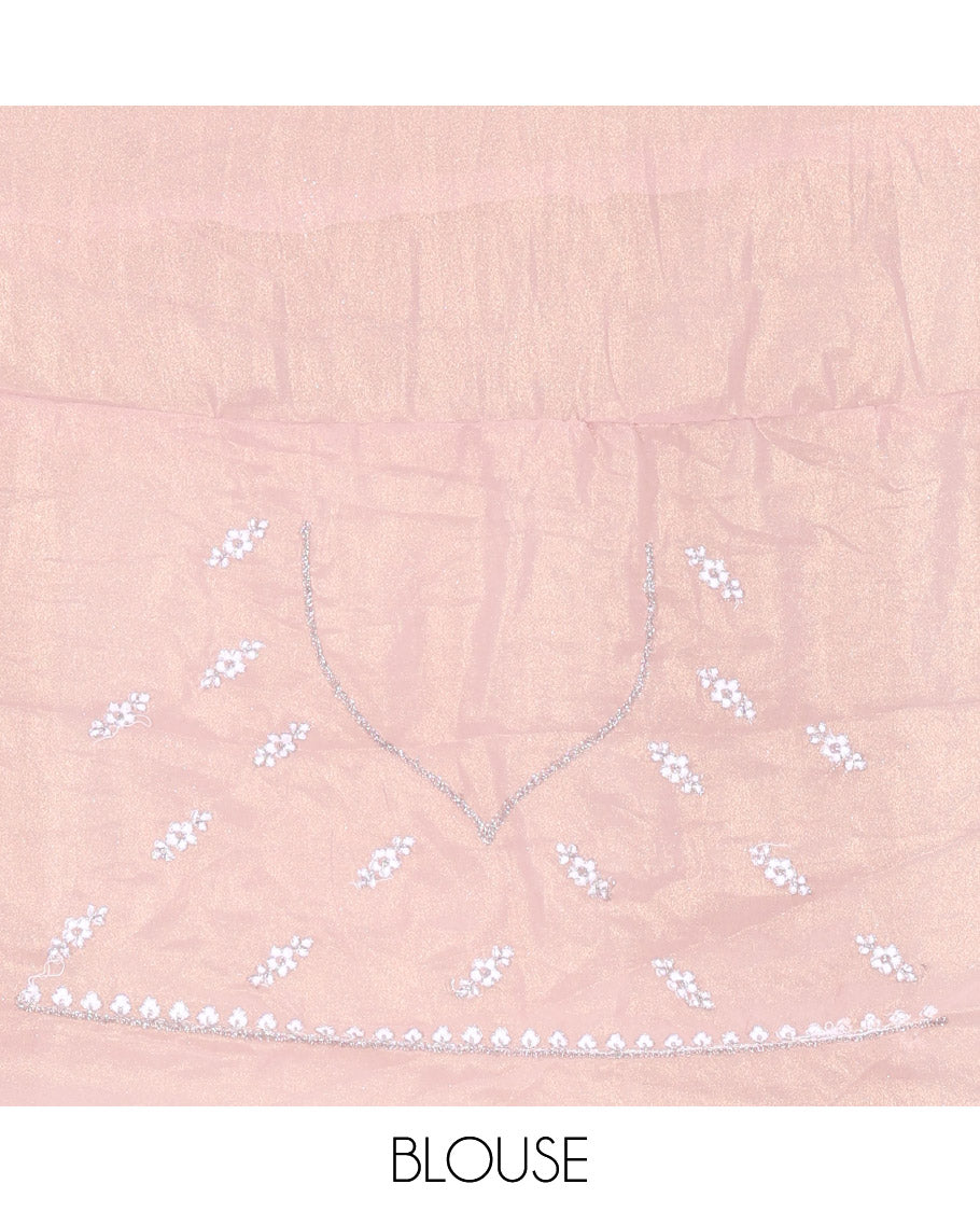 Dusky Pink Shimmer Chiffon Saree, Artfully Detailed with Floral Embroidery on Its Body, Scallop Floral Embroidery Border, a Self-Pallu, and Paired with a Matching Embroidered Blouse