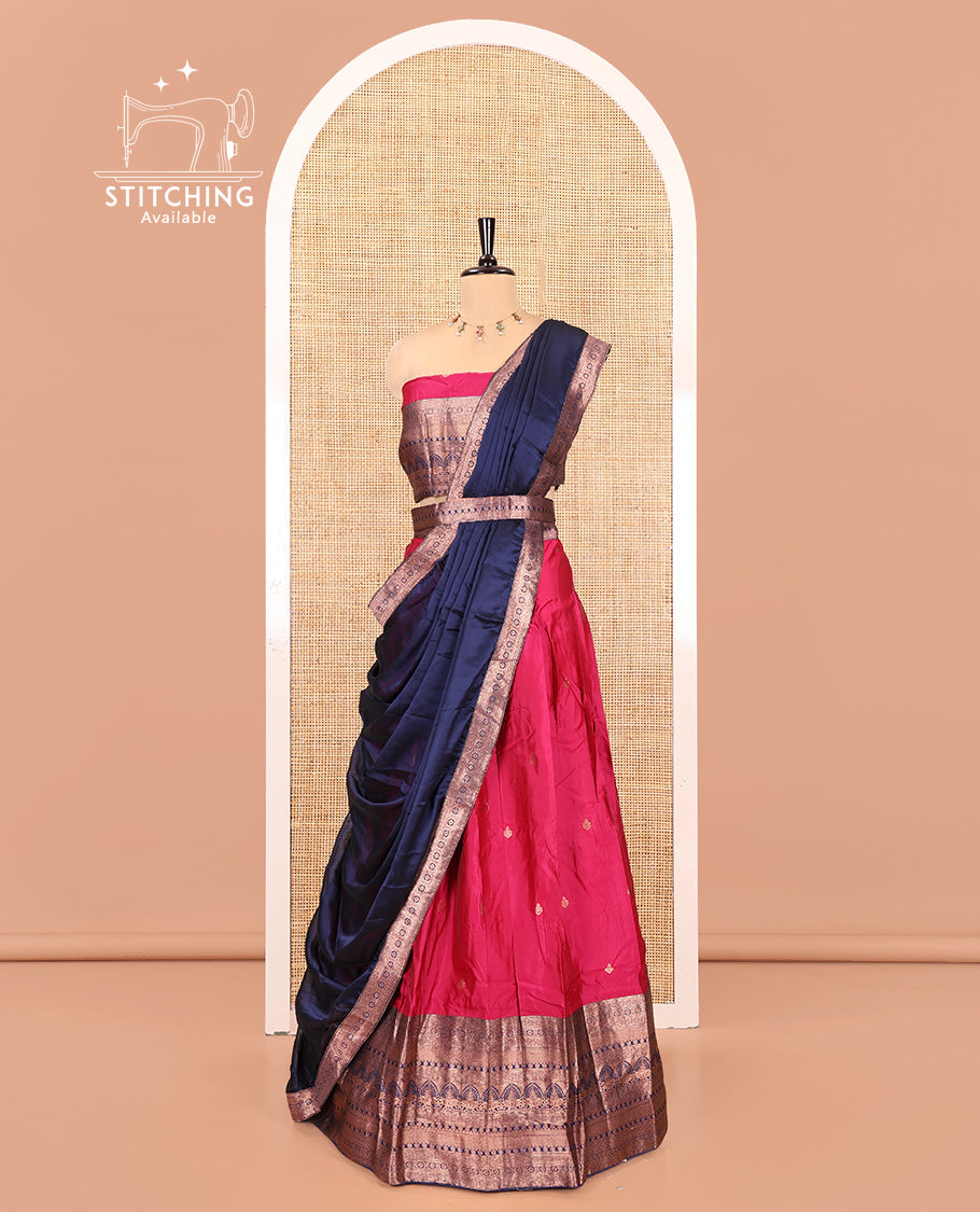 Rani Pink Semi-Banarasi Half-Saree Featuring Buttas Skirt, Contrast Traditional Border, Matching Blouse, Satin Georgette Dhavani