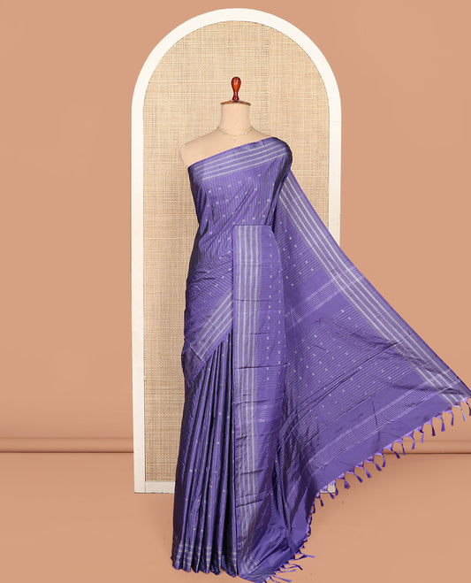 Violet Aarani Silk Saree, Uniquely Detailed with Zari Buttas and Stripes on Its Body, Highlighted by a Zari Striped Border, Pallu of Stripes and Buttas, and Paired with a Matching Blouse