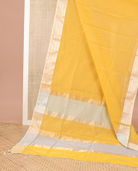 Yellow maheshwari cotton saree with contrast  floral zari design border & striped pallu
