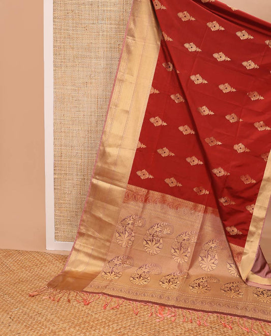 Red floral design semi soft silk saree with floral design border &  paisley design pallu