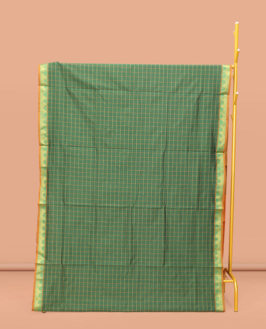 Green Poly Cotton Saree, Accentuated with Checked Design on Its Body, Highlighted by a Temple Border, Complemented by Contrast Striped Pallu, and Paired with a Contrast Blouse