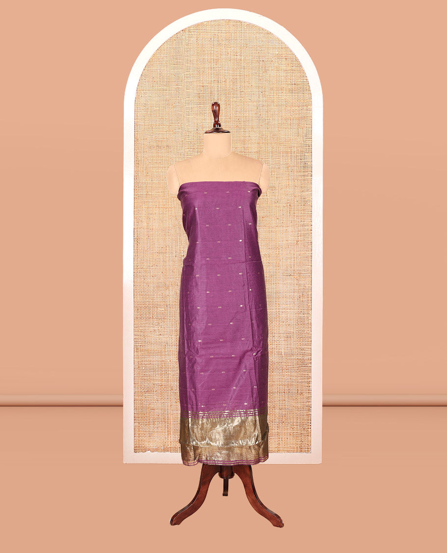Dark Purple Banarasi Chanderi Material Churidar Features Zari Buttas Top, a Plain Bottom, and a Matching Dupatta