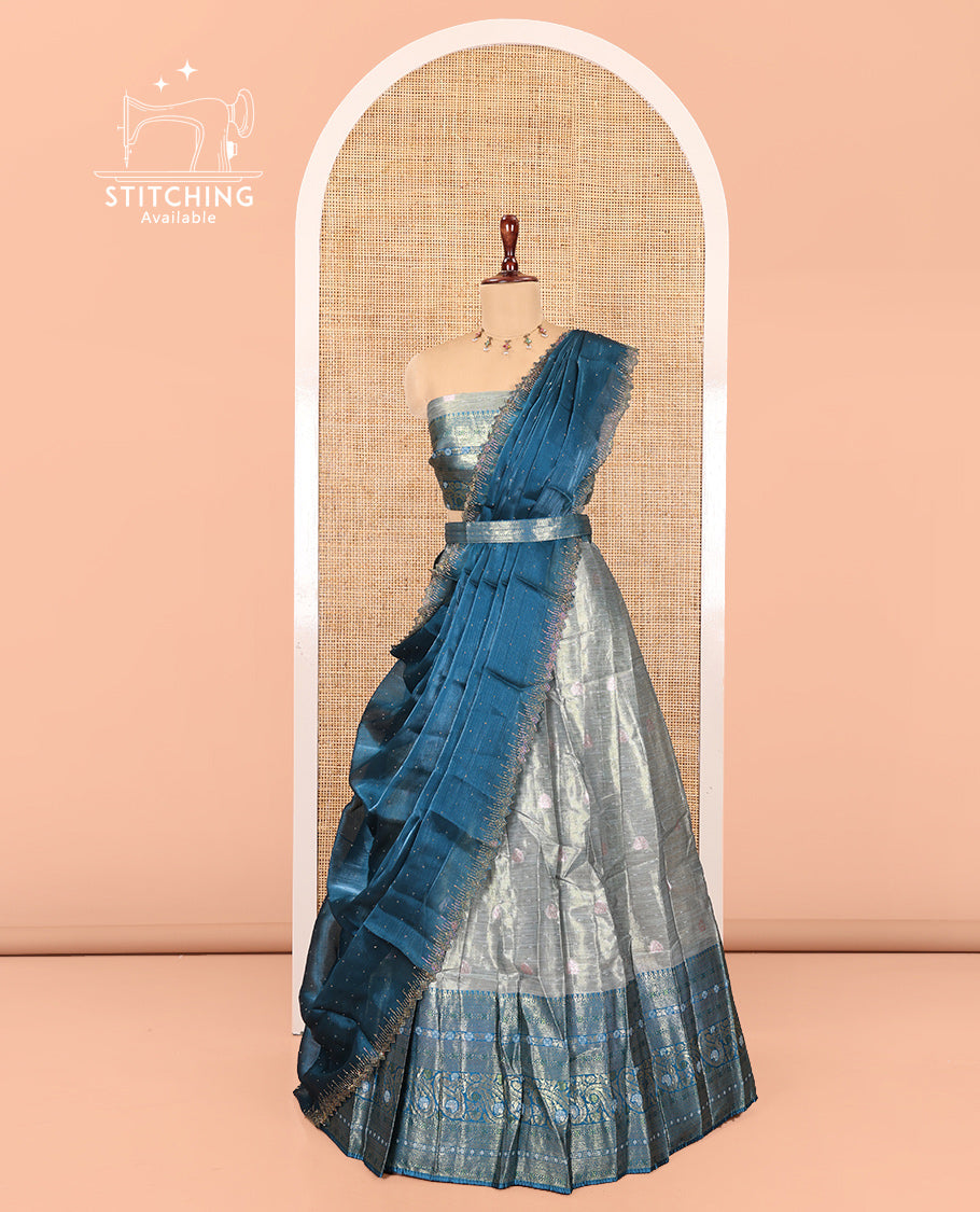 Grey-Peacock Blue Banarasi Half-Saree Features Buttas Skirt, Contrast Traditional Border, Matching Blouse, and Burberry Stonework Dhavani