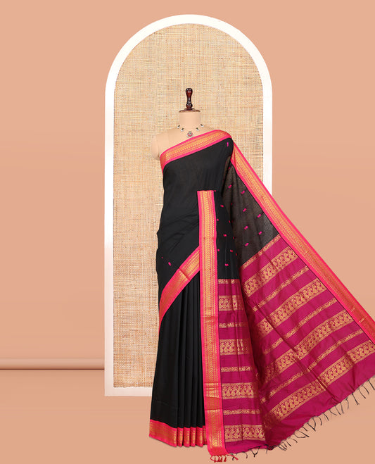 Black Kalyani Cotton Saree, Woven with Thread Buttas, Complemented by a Contrast Traditional Border, Traditional Pallu, and a Contrast Blouse