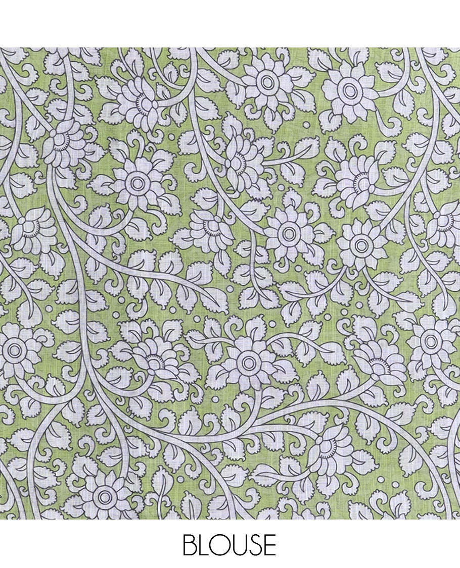 Lavender Linen Cotton Saree Features Kalamkari Human Figurines, a Piping Border, Kalamkari Pallu, Contrast Blouse