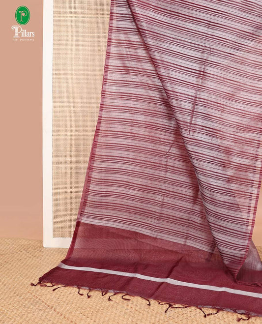 Wine lehariya design crush tissue saree with self border & chit pallu along with striped silver blouse