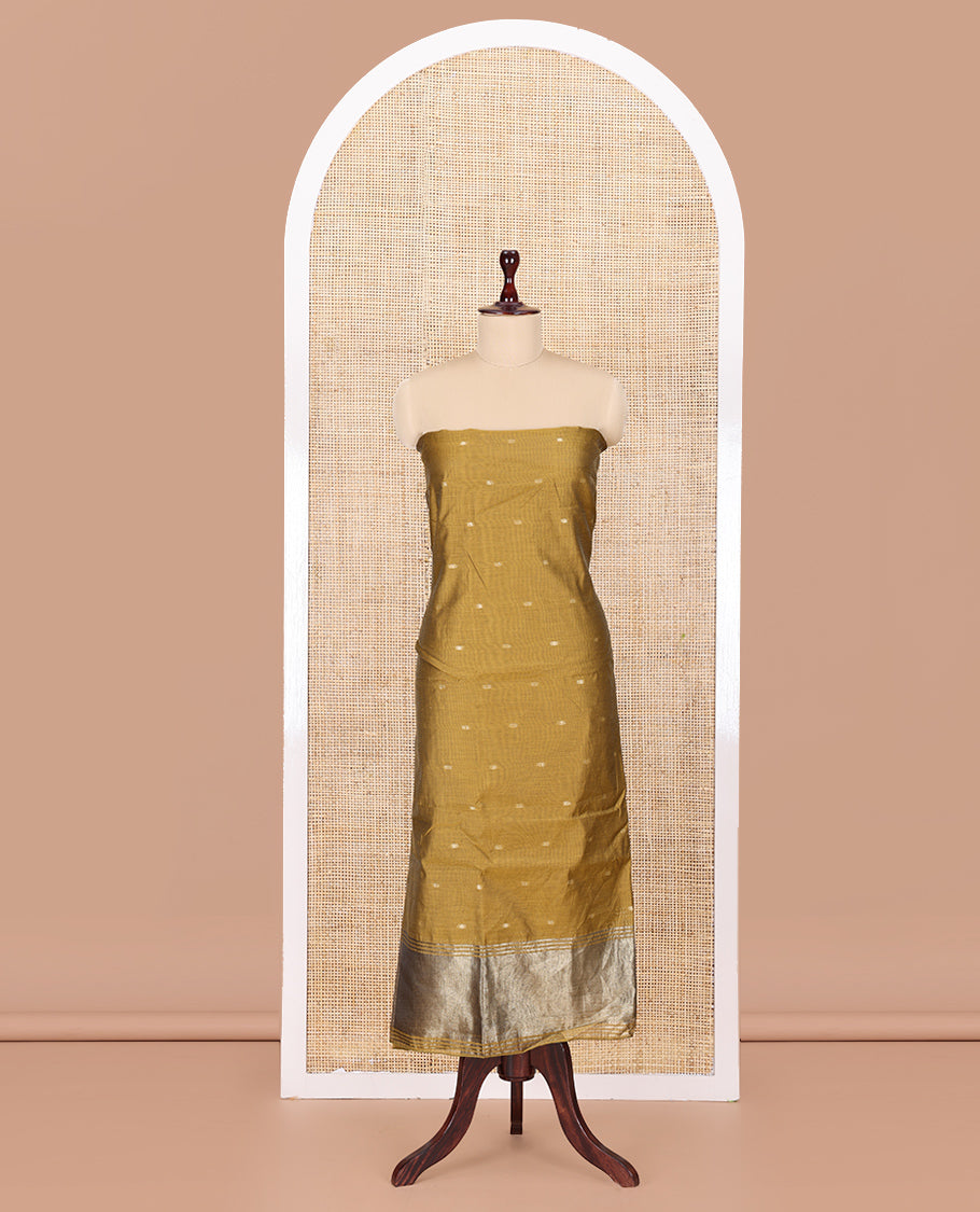 Mustard Banarasi Chanderi Material Churidar, Crafted with Buttas Top, a Plain Bottom, and a Matching Dupatta
