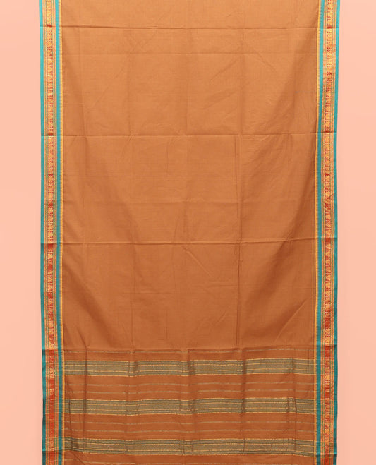 Pale Brown Plain Nine-Yard Cotton Saree, Complemented by a Contrast Traditional Design Border, Striped Pallu, and Comes Without a Blouse