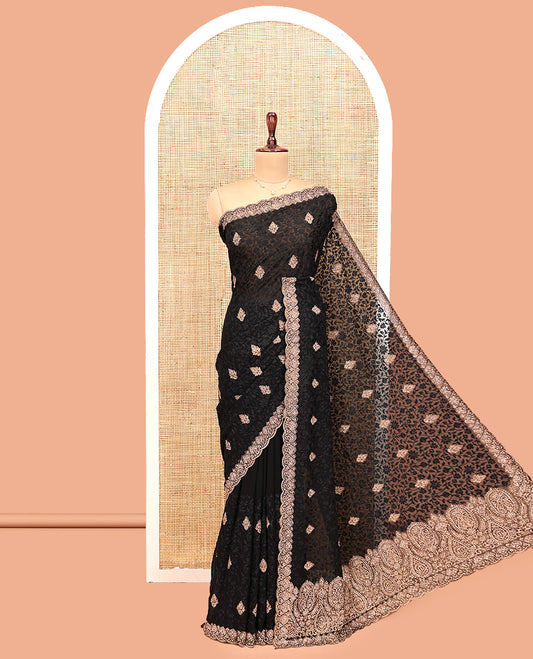 Black Designer Saree, Finely Crafted with Floral Jaal and Butta Embroidery, a Scallop Embroidered Border, and a Matching Blouse