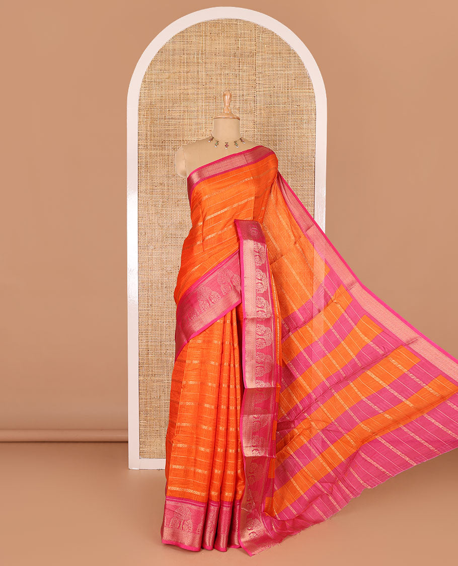 Orange traditional zari design dola silk saree, contrast tree of life and peacock design border, zari design pallu, and contrast zari woven blouse