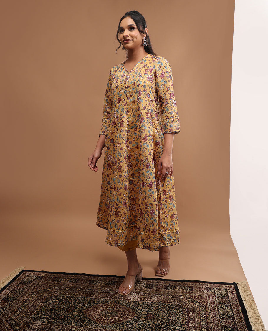 Mustard floral design v neck, 3/4 th sleeve, below knee lenght top with straight pants & floral printed dupatta