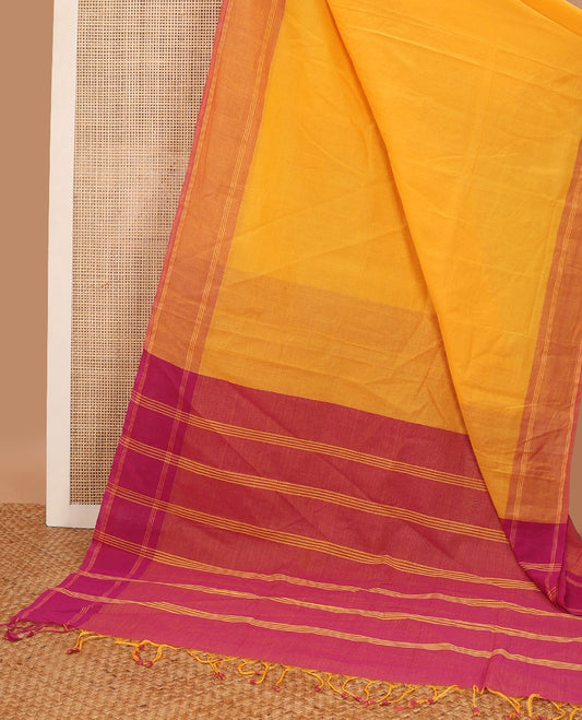Orange mangalgiri cotton saree with contrast striped border & striped pallu