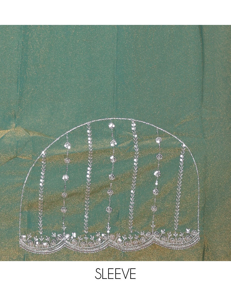 Mehendi vertical stripes embroidered shimmer chiffon saree, scallop embroidered border, embroidered pallu, and fancy embroidered matching blouse