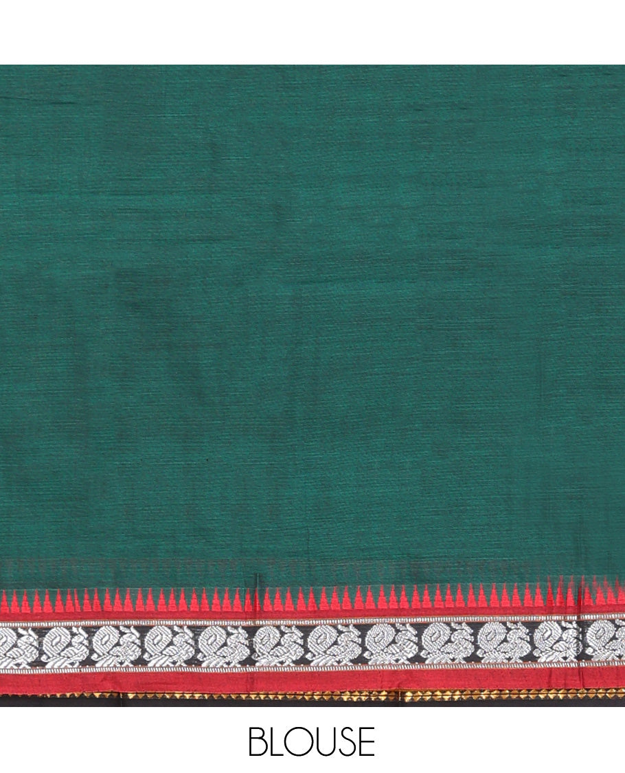 Green Cotton Half-Saree Features Plain Skirt, a Contrast Peacock Border, a Matching Blouse, and a Contrast Red Dhavani