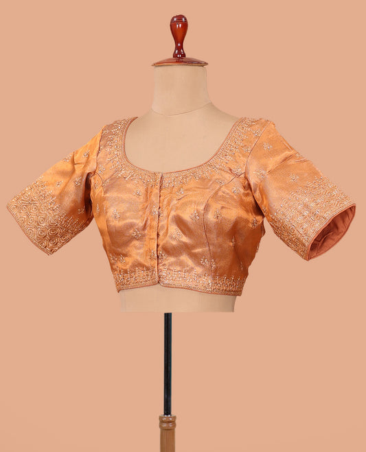 Orange thread embroidered front-back round neck elbow sleeve blouse