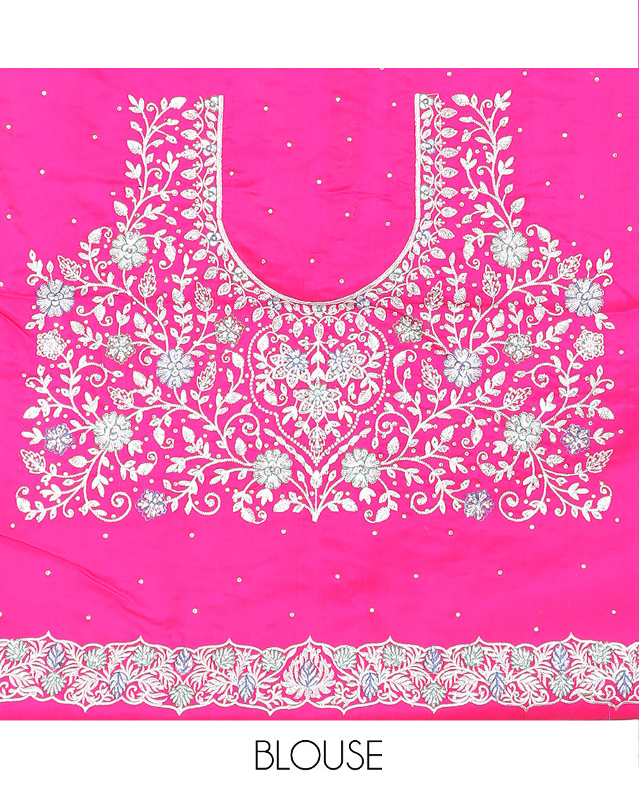 Pearl white floral jaal jacquard banarasi silk saree, contrast floral creeper stone work border, and pallu of intricate designs and stone work