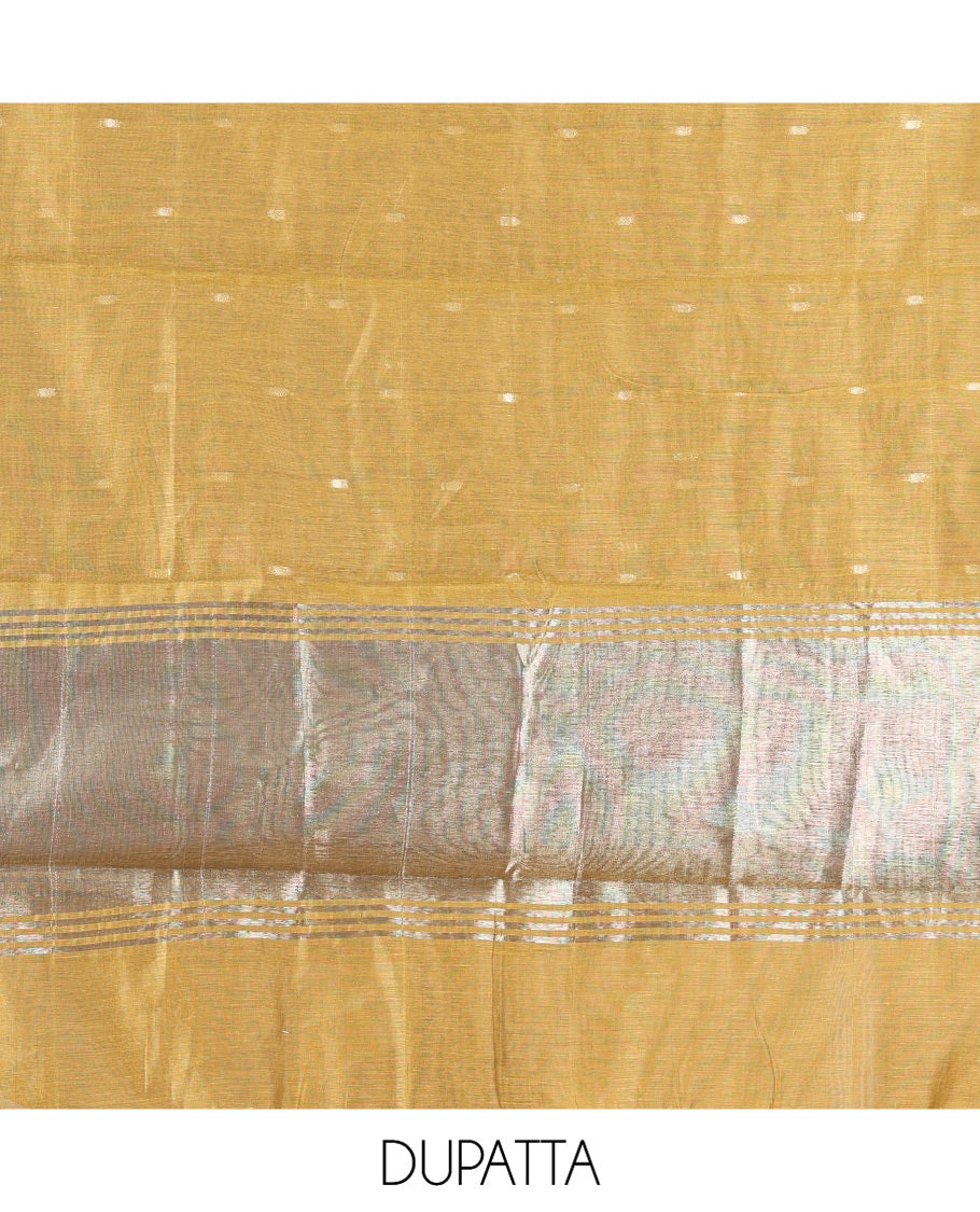 Mustard Banarasi Chanderi Material Churidar, Crafted with Buttas Top, a Plain Bottom, and a Matching Dupatta