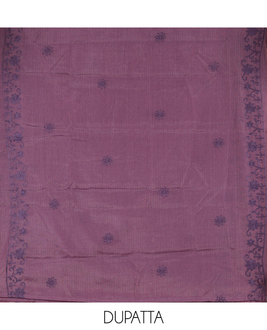 Dark Purple Kota Chex Material Chudiddar, Floral Vine Embroidered Top, Santoon Bottom, Embroidered Dupatta