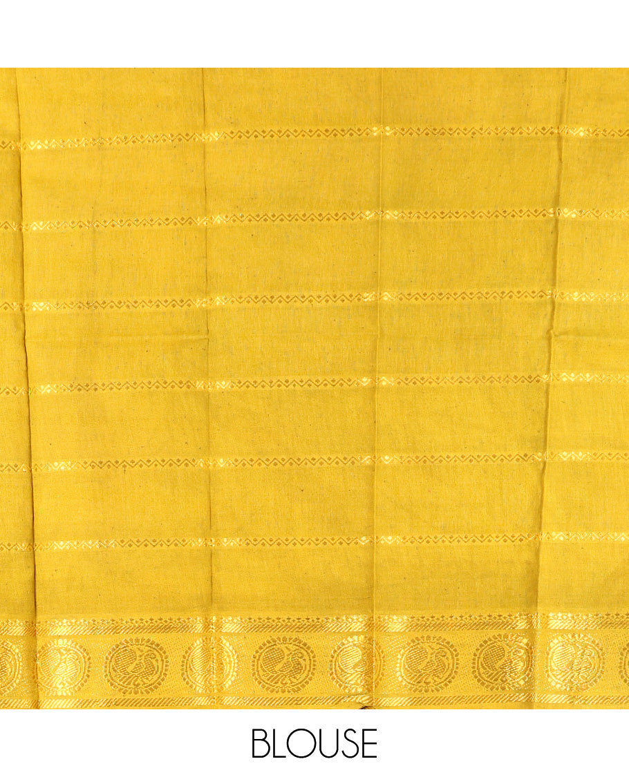 Black Sungudi Cotton Saree, Detailed with Zari Checks on Its Body, Complemented by a Contrast Traditional Zari Border of Big Peacocks, Zari-Striped Pallu, and Paired with a Contrast Blouse