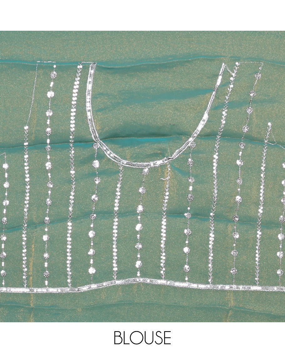 Mehendi vertical stripes embroidered shimmer chiffon saree, scallop embroidered border, embroidered pallu, and fancy embroidered matching blouse