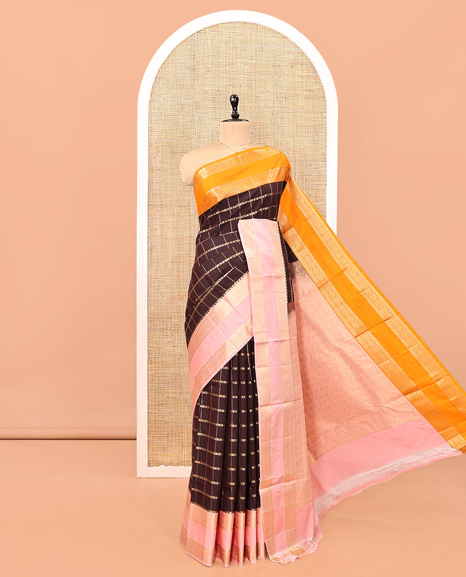 Brown Checked Budget Silk Saree, Contras Border, Contrast Blouse