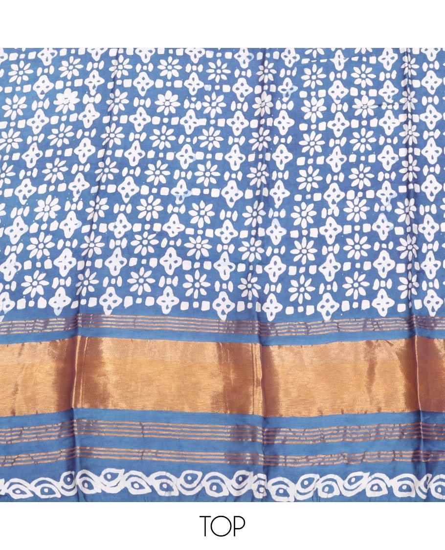Blue Material Chudidar Set, Adorned with Batik Printed Chanderi Cotton Top, a Plain Cotton Bottom, and Paired with Batik Printed Chanderi Cotton Dupatta
