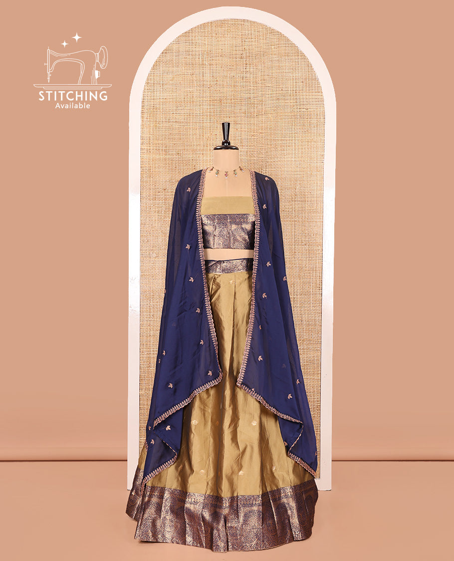 Liril Green and Blue Semi-Banarasi Half-Saree, Delicately Woven with Zari Buttas on Its Skirt, Complemented by a Contrast Geometric Patterns Zari Woven Border, Paired with a Matching Blouse, and a Contrast Satin Georgette Embroidered Scallop Dhavani